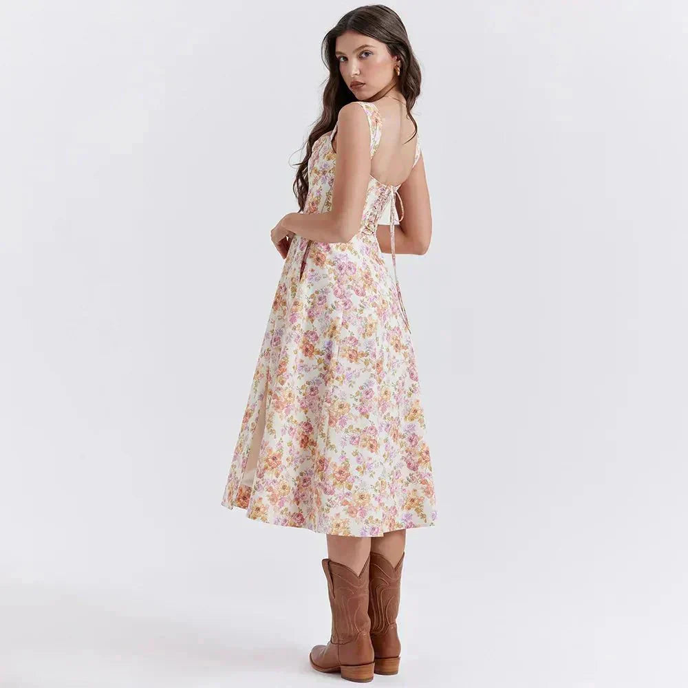 Freya - Floral Midi Dress with Corset Design