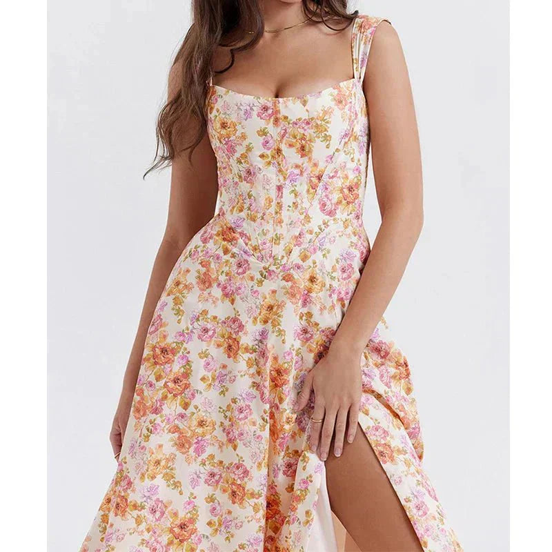 Freya - Floral Midi Dress with Corset Design
