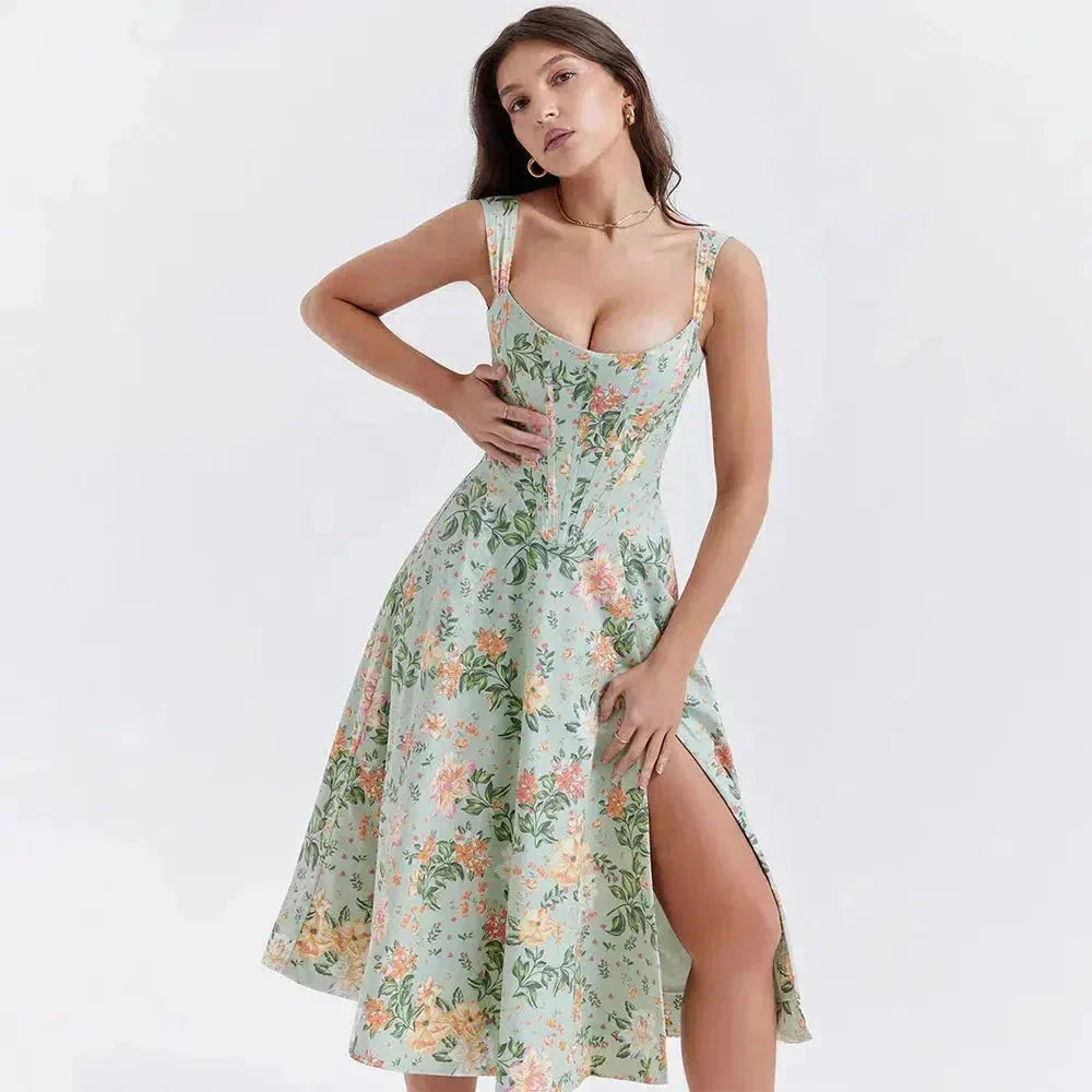 Freya - Floral Midi Dress with Corset Design