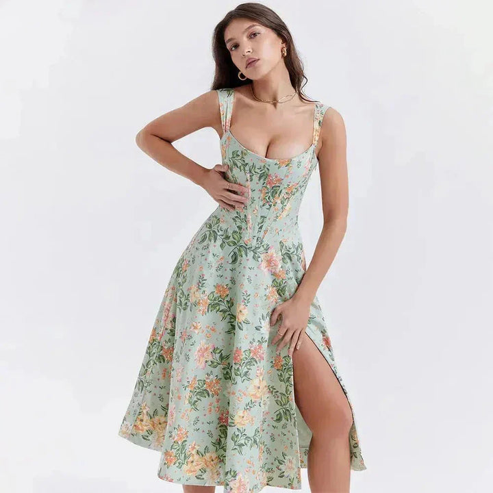 Freya - Floral Midi Dress with Corset Design