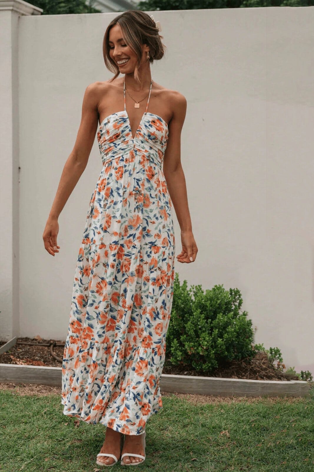 Louise - Floral Motif Long Summer Dress with Neck Strap