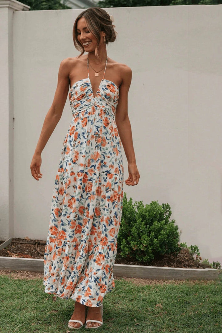 Louise - Floral Motif Long Summer Dress with Neck Strap
