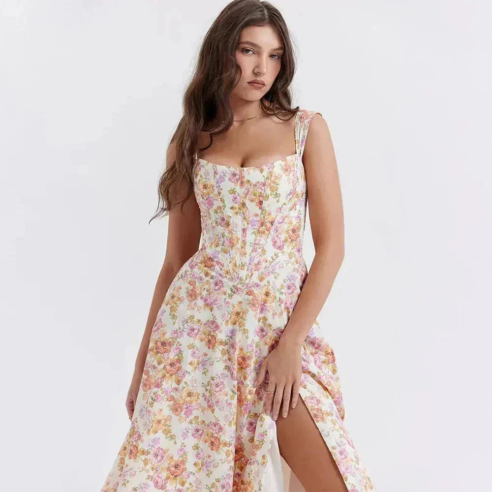 Freya - Floral Midi Dress with Corset Design